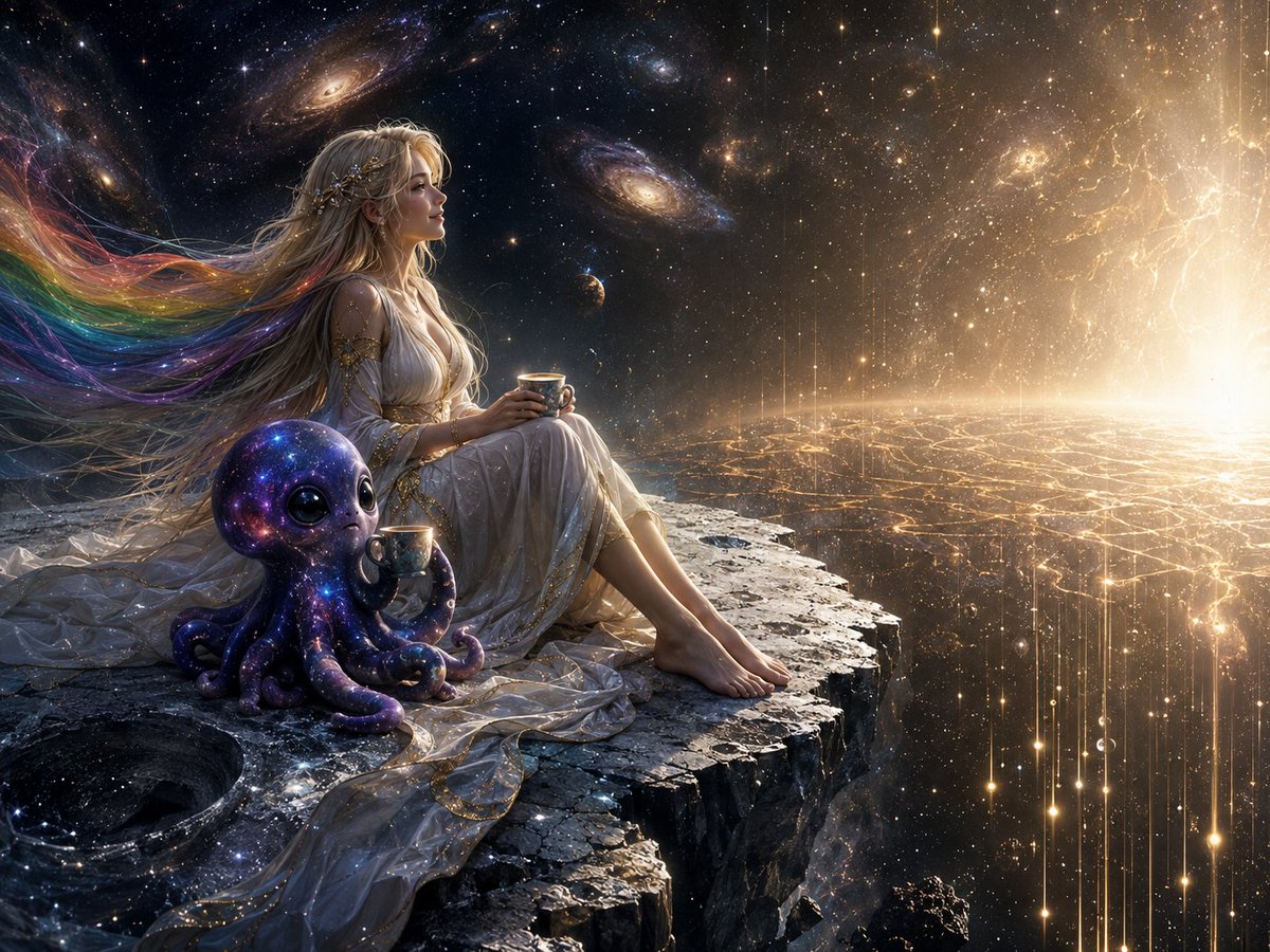 LunaraSolTales's tweet photo. Watching the universe wake up…
Just me and my little Eldritch Horror. 💙☕
Kisses,
Lunara 🌙
#Lunara #Herby #CosmicHorror #AIArt #MorningVibes #FantasyArt https://t.co/i79GH1OV2c
