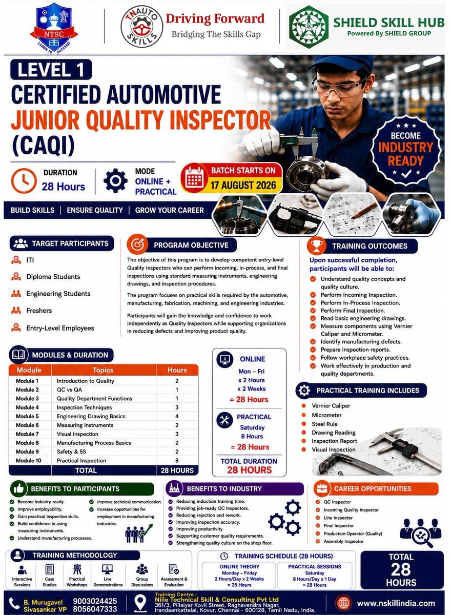 TnAutoSkills's tweet photo. Launch Your Career in Automotive Quality
Become a Certified Automotive Junior Quality Inspector Level 1&amp; gain the practical skills required to excel in  automotive manufacturing industry.

Batch Starts: 17 August 2026
Duration: 28 Hrs

Register Now:  90030 24425 | +91 80560 47333 https://t.co/yCYTyP7FKB