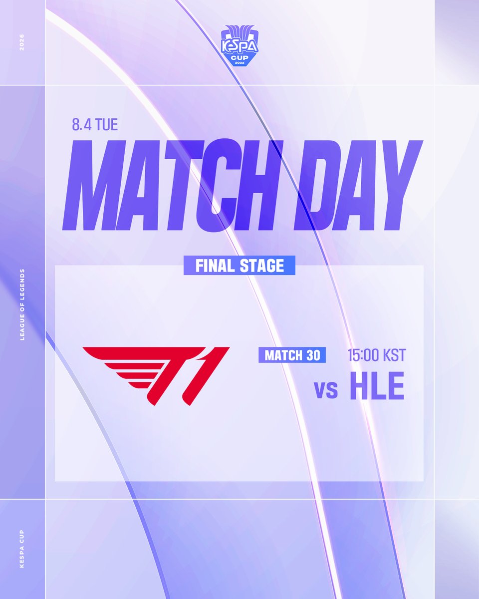 T1LoL's tweet photo. #𝗞𝗲𝗦𝗣𝗔𝗖𝗨𝗣 𝟮𝟬𝟮𝟲 𝗧𝟭 𝗠𝗮𝘁𝗰𝗵 𝗗𝗮𝘆

📍 T1 vs HLE
⏰ 15:00 KST
📺 Disney+

#TogetherAs1 #T1WIN https://t.co/OZcYRjeOtP