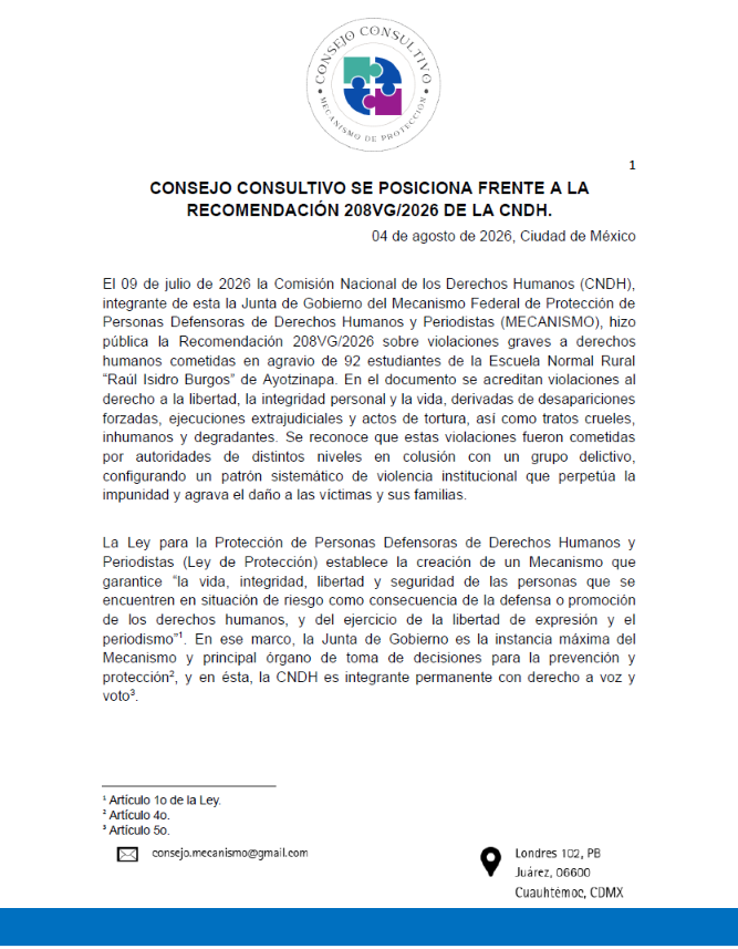 CMecanismo's tweet photo. 📝 Consejo Consultivo se posiciona frente a la Recomendación 208VG/2026 de la @CNDH || @Mecanismo_MX 

👉Reiteramos nuestro llamado a las instituciones que forman parte de la Junta de Gobierno a cumplir la Ley de Protección y los estándares internacionales en materia de DH👈 https://t.co/Xw0azEd2Te
