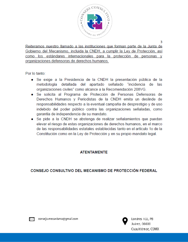 CMecanismo's tweet photo. 📝 Consejo Consultivo se posiciona frente a la Recomendación 208VG/2026 de la @CNDH || @Mecanismo_MX 

👉Reiteramos nuestro llamado a las instituciones que forman parte de la Junta de Gobierno a cumplir la Ley de Protección y los estándares internacionales en materia de DH👈 https://t.co/Xw0azEd2Te