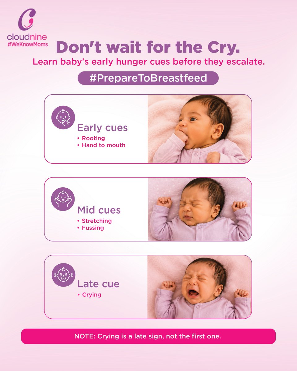 CloudnineCare's tweet photo. Crying is a late hunger cue. Learn to recognise early feeding cues for a calmer breastfeeding journey.

Explore our Breastfeeding Module: https://t.co/GD5ZXJXqgH

#WeKnowMoms #oncloudnine #HungerCues #PrepareToBreastfeed #NewbornFeeding #BreastfeedingJourney #NewbornNutrition https://t.co/SQDqC628Uj