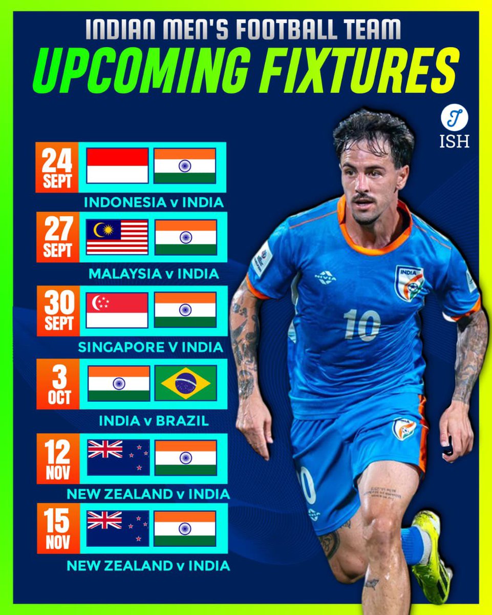 IndiaSportsHub's tweet photo. A packed international calendar awaits the Blue Tigers! 🇮🇳⚽

India’s Men’s Football Team is set for an exciting run of fixtures, taking on some of Asia’s top sides before a blockbuster clash against Brazil.

📅 Upcoming Fixtures:
🇮🇩 Sept 24 – Indonesia vs India
🇲🇾 Sept 27 – Malaysia vs India
🇸🇬 Sept 30 – Singapore vs India
🇧🇷 Oct 3 – India vs Brazil
🇳🇿 Nov 12 & 15 – New Zealand vs India

A crucial stretch to test the squad, build momentum, and continue India’s progress on the international stage.

#IndianFootball #BlueTigers #TeamIndia #Football #IndiaSportsHub
