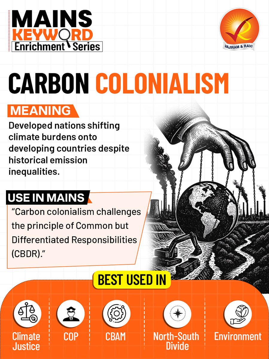 VajiramRavi's tweet photo. π MAINS KEYWORD ENRICHMENT SERIES | CARBON COLONIALISM
#Mains2026 #UPSCMains2026 #MainsKeyword #MainsKeywordEnrichmentSeries #UPSCAnswerWriting #ClimateJustice #CarbonColonialism #Environment #InternationalRelations #UPSC2026 #VajiramAndRavi https://t.co/u0dy5N6bdy
