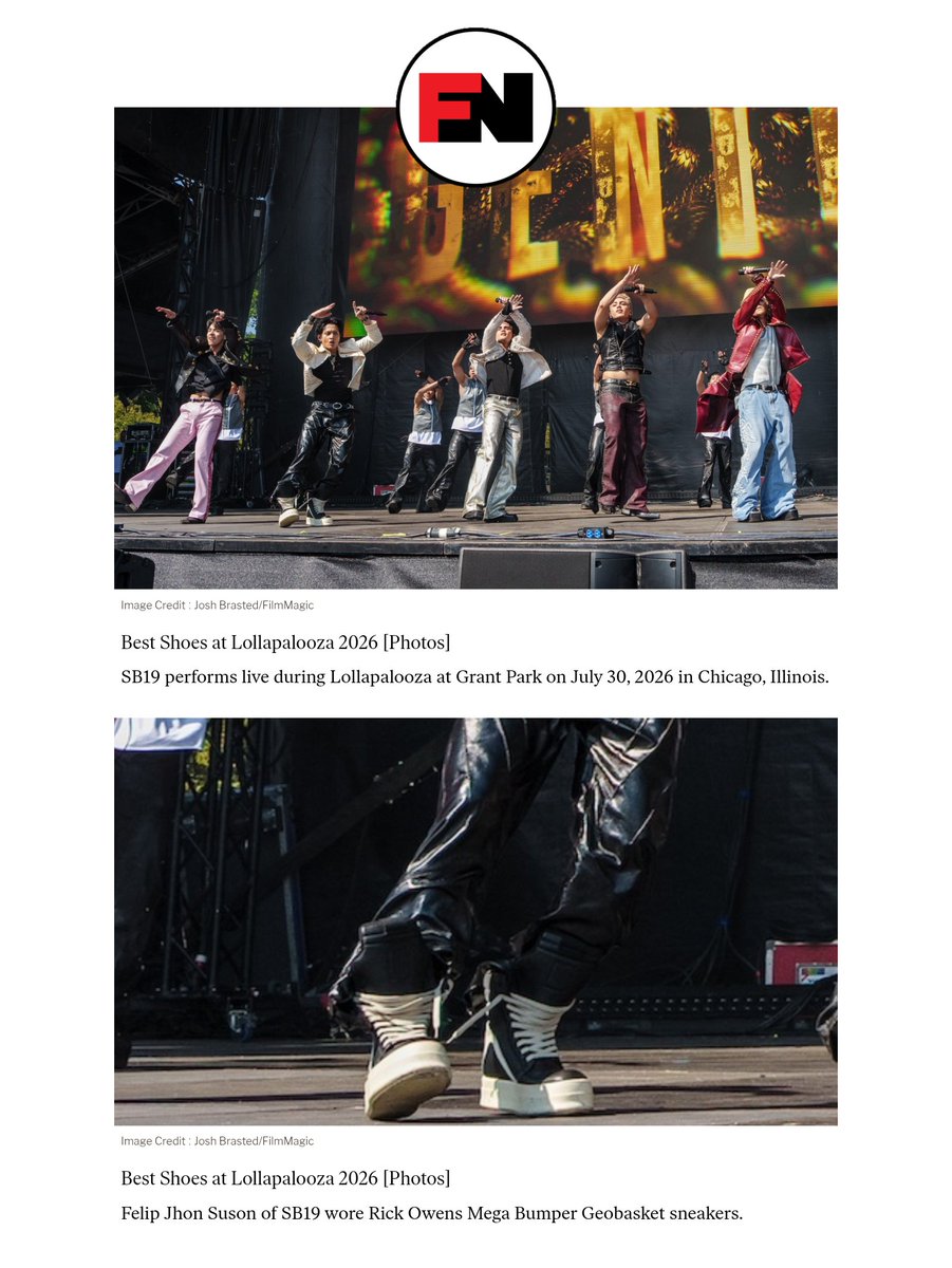 rrobotot's tweet photo. [Footwear News 🇺🇸 - SB19/FELIP]

🐐 https://t.co/zRoXzLDtVR

- “Best Shoes at Lollapalooza 2026. SB19 performs live during Lollapalooza at Grant Park on July 30, 2026 in Chicago, Illinois.¹ Felip Jhon Suson of SB19 wore Rick Owens Mega Bumper Geobasket sneakers.²”

#FELIP #SB19 https://t.co/YrJRMsJUWJ