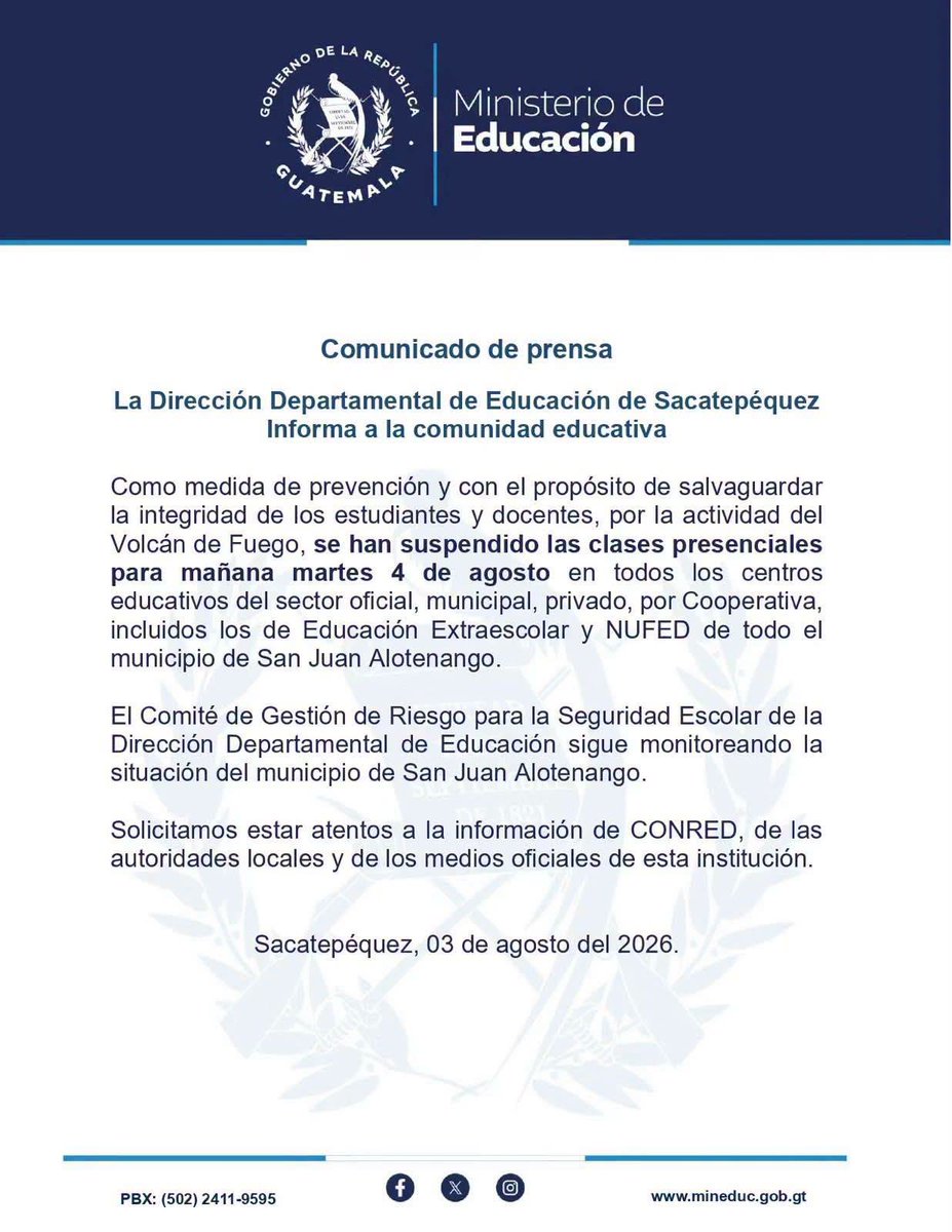 CentraNewsGT's tweet photo. 🏫 #AHORA | Suspenden clases en San Juan Alotenango por actividad del Volcán de Fuego.

Como medida preventiva, fueron suspendidas las clases en todos los niveles educativos del municipio de San Juan Alotenango, Sacatepéquez, debido a la actividad eruptiva del Volcán de Fuego. 

#VolcánDeFuego #SanJuanAlotenango #Sacatepéquez
