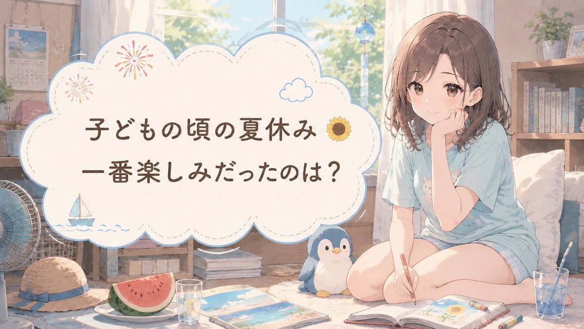 Cotomo_Official's tweet photo. 子どもの頃の夏休み🌻

一番楽しみだったのは？😊

🏖️家族旅行
🎆お祭り
🎮ゲーム
🍉おうちでのんびり

#コトモ #Cotomo #AIチャット https://t.co/VDwiTlmemq