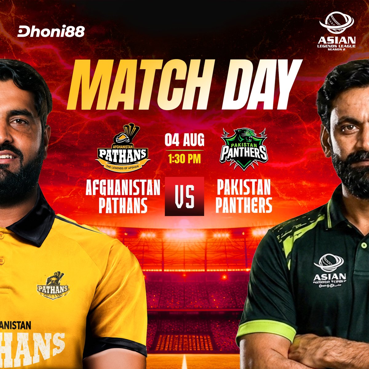 Dhoni88official's tweet photo. 🏏🔥 DHONI88 | Asian Legends League 2026

🏏 Pakistan Panthers 🆚 Afghanistan Pathans
📅 4 August 2026
🕜 1:30 PM (BD Time)

A battle for supremacy—who takes the win? 🔥

👉 https://t.co/hVbYFVGFAG

#DHONI88 #AsianLegendsLeague2026 #Cricket #PakistanPanthers #AfghanistanPathans https://t.co/2IkkYBE59w