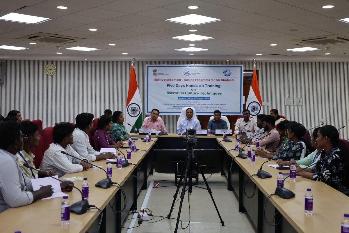 nfdb_india's tweet photo. Inauguration of Skill Development Training Programme on "Microbial Culture Techniques"

The National Fisheries Development Board (NFDB), Hyderabad, successfully inaugurated the five-day Skill Development Training Programme on "Microbial Culture Techniques" today at the Padma Shri Dr. S. Ayyappan Conference Hall (2nd Floor), NFDB Headquarters.

The programme, scheduled from 03–07 August 2026, has brought together 15 fisheries students from various Fisheries Colleges across the country, providing them with an opportunity to strengthen their practical knowledge and laboratory skills in microbial culture techniques.

The inaugural session was graced by Dr. B. K. Behera, Chief Executive, NFDB, Dr. S. Kannappan, Senior Executive Director, NFDB, and Shri Ch. Srinivas, Executive Director, NFDB, who addressed the gathering. The dignitaries emphasized the importance of skill development, hands-on laboratory training, and scientific innovation in preparing the next generation of fisheries professionals.

Following the inaugural session, the technical sessions commenced as per the training schedule, marking the beginning of an intensive five-day programme focused on microbial culture techniques and laboratory best practices.

NFDB remains committed to empowering fisheries students through quality training and capacity-building initiatives that contribute to the sustainable growth of the fisheries and aquaculture sector.

#NFDB #SkillDevelopment #MicrobialCultureTechniques #FisheriesStudents #CapacityBuilding #Aquaculture #Fisheries #LaboratoryTraining #SkillIndia #BlueEconomy