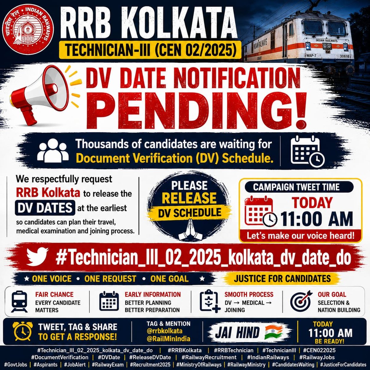 AVSAnkesh's tweet photo. For technician result cen 02_3025 #rrbkolkata @RRBKOLKATA @AshwiniVaishnaw @PMOIndia @narendramodi #Technician_III_02_2025_kolkata_dv_date_do https://t.co/MXf2HsCXmY