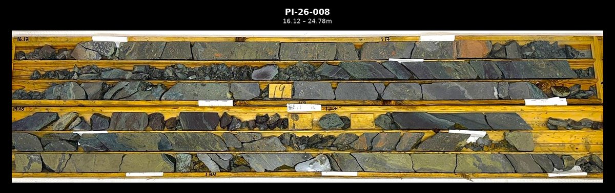 hmexploration's tweet photo. HM Drills 18.45m of 1.14% Cu, 2.42% Zn, 16.74 g/t Ag and 0.32 g/t Au; Extends Upper Lens to 145m. See core photo from Hole PI-26-008, part of the above intercept.

https://t.co/kbIMR3lIyx https://t.co/U0AmocqghL