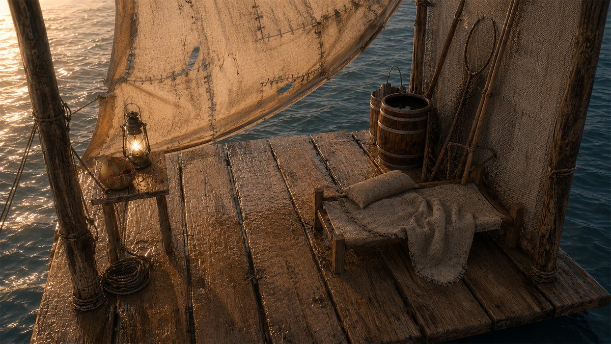 fura1218_vdo's tweet photo. 【タイトル】
海の果ての小部屋

以前作っていた海にイカダを浮かべてみました。

#Maya #CG制作 #3GCG #デジハリ https://t.co/STxEq4BRmf