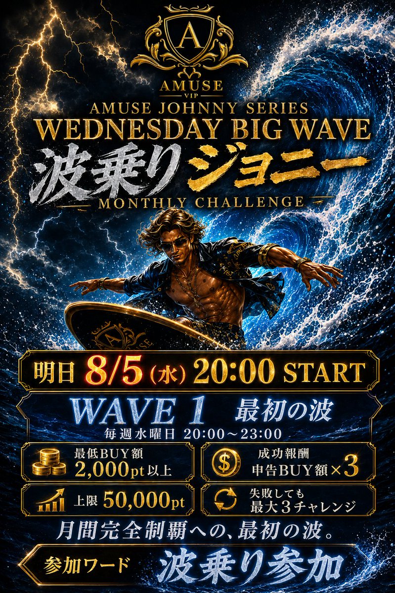 DSC_Kagemusha's tweet photo. 🌊 THE FIRST WAVE HITS TOMORROW.
WEDNESDAY BIG WAVE — WAVE 1
🗓 Aug 5 | 20:00–23:00 JST
🎰 Pragmatic Play Bonus BUY
💰 Min. BUY: 2,000pt
🏆 Reward: BUY ×3 (Max 50,000pt)
🔥 Up to 3 challenges
Your monthly conquest starts now.
https://t.co/7TaCiZKy83
#AMUSEVIP https://t.co/mEH4NHgdxK