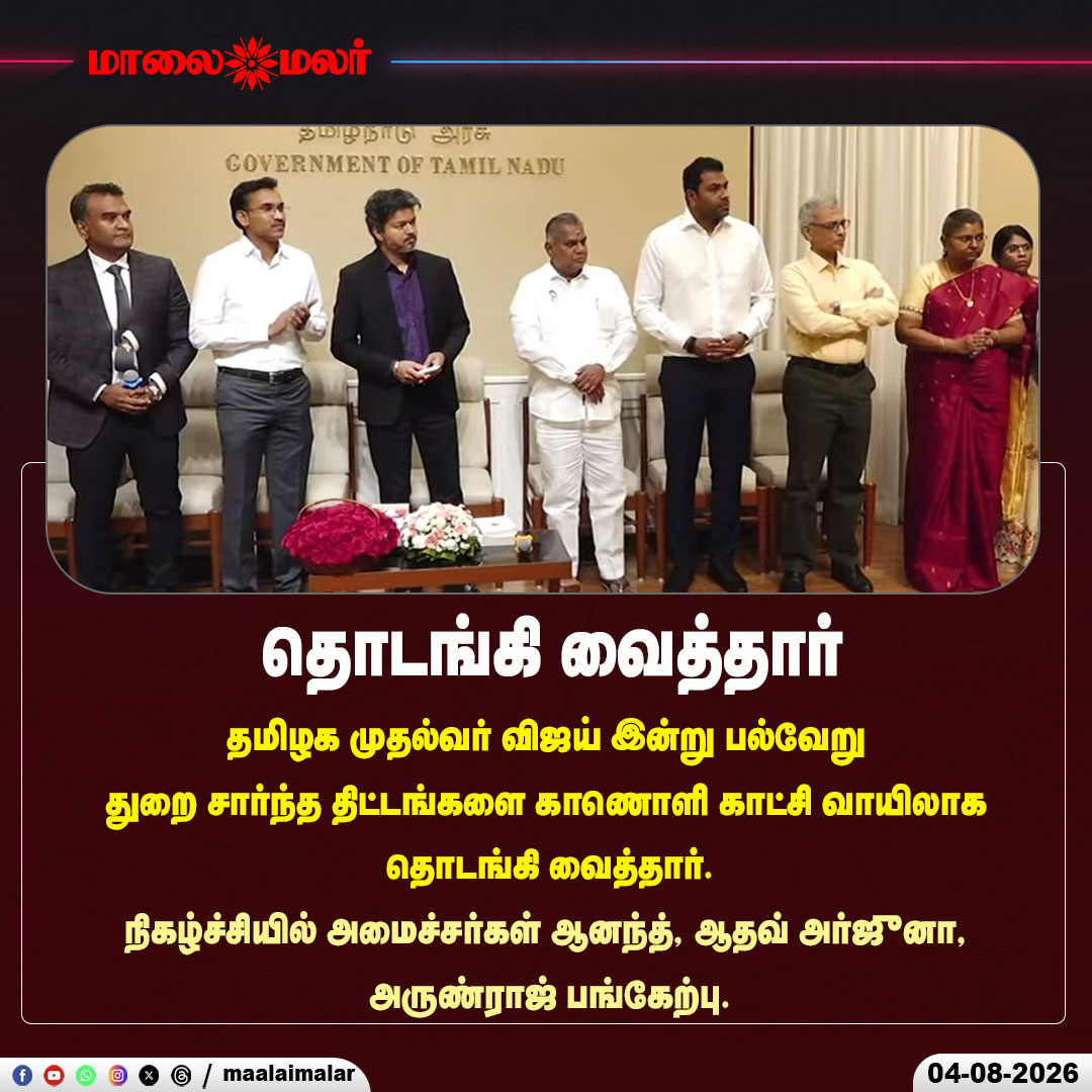 maalaimalar's tweet photo. தொடங்கி வைத்தார்

#CMVijay #TamilNaduGovernment #TamilNadu #GovernmentProjects #ProjectLaunch #VirtualInauguration #Ministers #Governance #Development #MinisterAnand #AdhavArjuna #Arunraj #BreakingNews #Maalaimalar https://t.co/hehS3bDzJa