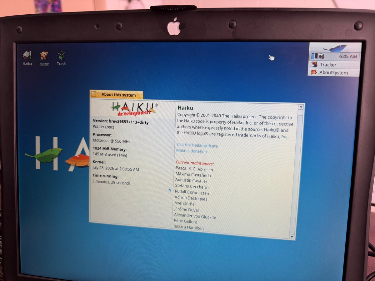 ActionRetro1's tweet photo. I've added a disk image of the Haiku "distro" I've made for PowerPC.

If you get it going on your own PowerPC Mac, please please share a picture! https://t.co/JyZGJXve4W