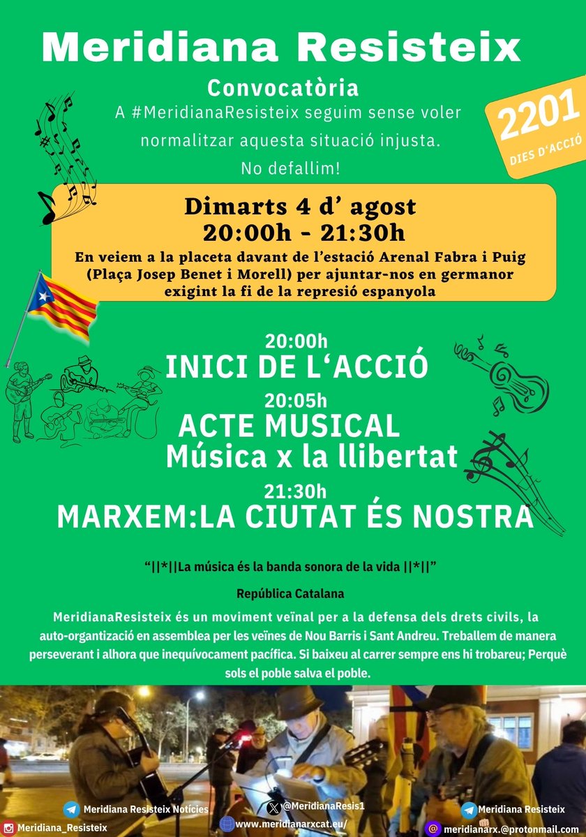 MeridianaResis1's tweet photo. 🚨Meridianes! Us convoquem a una nova jornada combativa ✊

📣Avui  tenim, els dimats de música en mans de la banda Músics x la llibertat. 

🎸Música de casa, de carrer, de cor i ànima, música reivindicativa que ens amenitza la protesta al carrer. https://t.co/VyDNIPvEQk