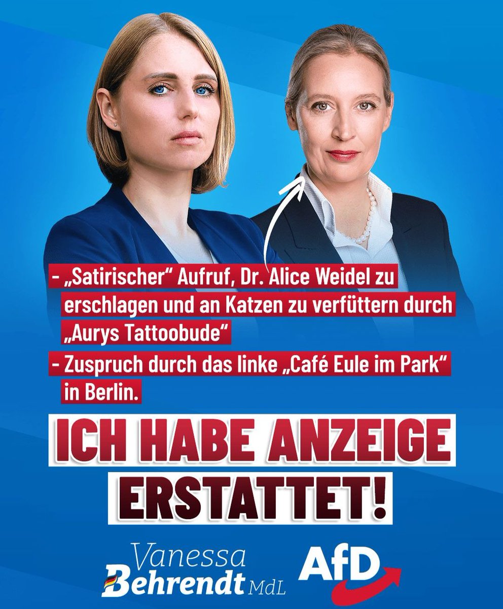MdlBehrendt's tweet photo. Ich habe Strafanzeige erstattet! 🚨
​Auf Instagram (Accounts @cafeeuleimpark & @aurys_tattoobude) bin ich auf ein verstörendes Video gestoßen: Ein Mann schlägt darin mit einem Schuh auf eine Darstellung von Alice Weidel ein und lässt danach Katzen die Reste „fressen“.
​Das ist eine eindeutige Darstellung von Gewalt und reine Gewaltverherrlichung gegen eine Politikerin. Dass solche Gewaltphantasien im Netz keineswegs harmlos sind, zeigt der jüngste Angriff auf den Hamburger Landesvorsitzenden der Generation Deutschland, Michael Schumann, der bei einer Demo brutal zusammengeschlagen wurde. 
​Ich habe die Betreiber deshalb umgehend bei den Behörden angezeigt.