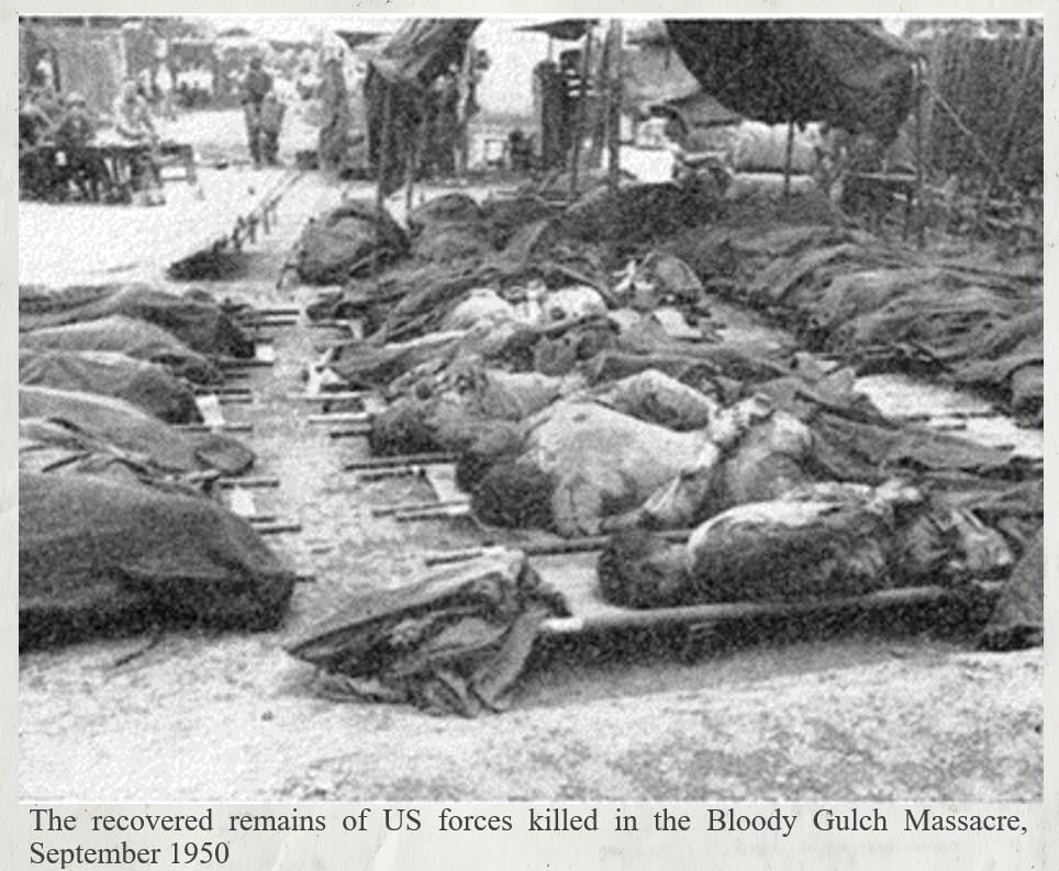 USForcesKorea's tweet photo. Aug. 12, 1950: During the Pusan Perimeter battle, 75 captured U.S. Soldiers were summarily executed in what became known as the Bloody Gulch Massacre - a violation of the laws of war. Today, we honor their sacrifice. #TheRememberedWar #KoreanWar https://t.co/NDpDgDq3kK