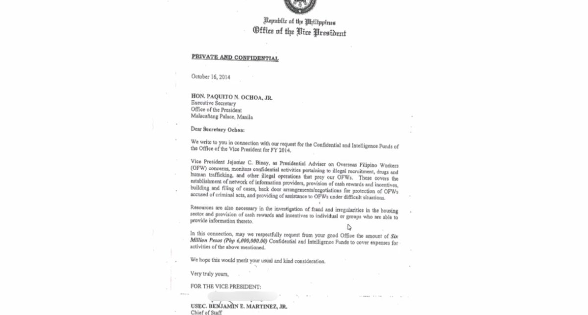 gmanews's tweet photo. LOOK: Defense’s Michael Poa shows a letter from Palace in 2014 granting confidential funds to former Vice President Jejomar Binay.

Yesterday, former COA state auditor Roderick Wamil testified that VP Sara Duterte was the only vice president and Education secretary to receive appropriations for confidential funds among the past three administrations. #VPonTrial | via @Joseph_Morong 

Tune in to the live coverage of GMA News on the impeachment trial of Vice President Sara Duterte: https://t.co/U1OLtZrSwI