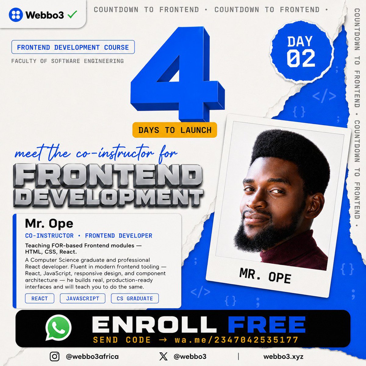 webbo3's tweet photo. ⏳ 4 DAYS. That's it.

In 4days, our Frontend Development Course goes live  and you'll either be inside building your first real website, or watching everyone else do it.

📲 Send "CODE" to Kemi now  https://t.co/6C1XjRYpvz

Faculty of Software Engineering · Frontend Development https://t.co/oe2l6ymcOa