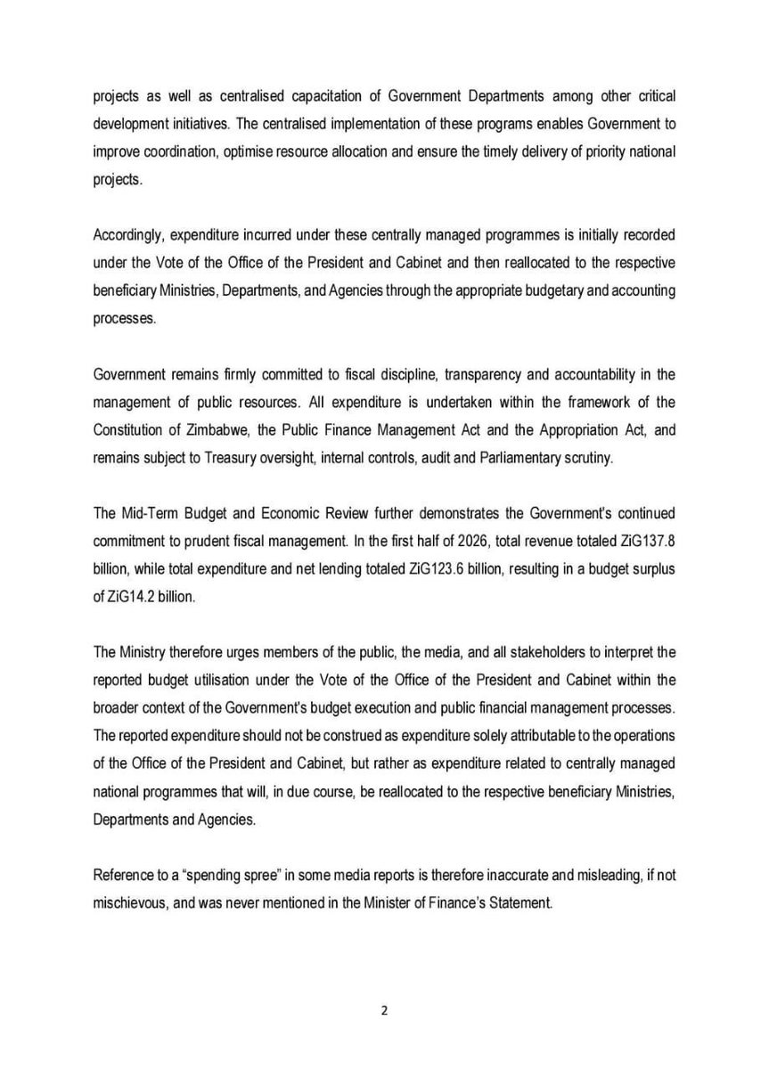 NtateRanaka's tweet photo. I'm not sure if I'm the only one disturbed by this @ZimTreasury press statement.

143% OPC budget utilisation by mid-year and they claim, "It's not a spending spree. It's for cross-cutting strategic programmes linked to NDS2 and Vision 2030. Fine. I agree. Hospitals, agriculture, social protection these are critical.

But I have queztions;

1.  Which hospitals were upgraded?
2. Which contractors got the tenders?
3. Which ministries received the reallocated funds?
4. How were beneficiaries selected?
5. Where are the receipts for these important national programs?
6. Which social protection programs benefitted?

Treasury further says, the funds will be "reallocated to respective MDAs in due course." Loosely translated to "The OPC spent the money first. Then they will tell Parliament later. To me this sound like retroactive justification.

By the time we see the books, the money is already gone and no accountability will follow. Meanwhile, line ministries are starved, and Presidential schemes get a blank cheque. We have seen the same people getting 5-6 contracts each, which they still haven't deliverer. No follow up or whatsoever🤔
