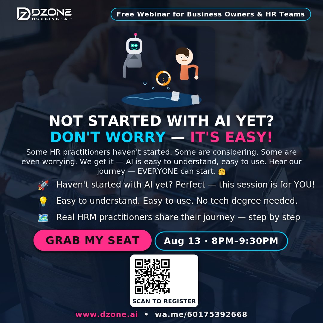 oritalk's tweet photo. Not started with AI yet? Don't worry, it's easier than you think. 
If you can manage a company, you can manage AI. 
If you can guide an intern, you can supervise AI. 

Webinar 13 Aug 👇
https://t.co/Ir10X4WCKl

#HRTech #AIinHR #huggingai https://t.co/lebsXThWac