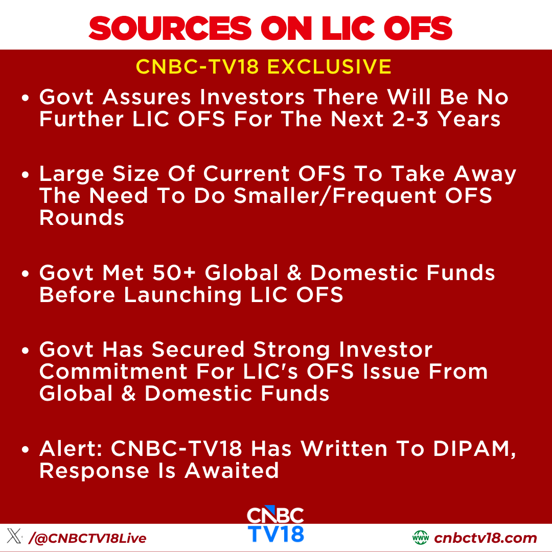 CNBCTV18Live's tweet photo. #CNBCTV18Exclusive | Govt assures investors there will be no further #LICOFS for the next 2-3 years, large size of current OFS to take away the need to do smaller/frequent OFS rounds
Sources to @YashJain88 https://t.co/VpTcfXYhgO