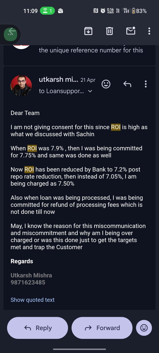 utkarsh8714's tweet photo. @HDFCBank_Cares @HDFC_Bank @HDFCBank_Cares @RBI Why you guys are charging money to reduce ROI which is still high. When CIBIL Score is good enough, then it should be 7.2% as per RBI guidelines  and as per commitment given by your sales person, it should be 7.05% https://t.co/JvcWGRsdnf