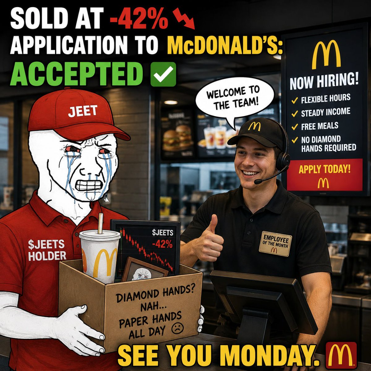 Jeets4MickeyDs's tweet photo. They sold the breakout. Now they're breaking down boxes in the back.

What Would $Jeets Do?  🔺 https://t.co/ociM9PlTlr