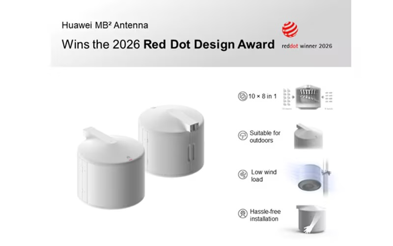 SAMENAcouncil's tweet photo. 🏆 Huawei's MB2 multi-band antenna wins the 2026 Red Dot Design Award — supporting 10 directions &amp; 8 frequency bands in a single unit, reducing antenna count by 90% &amp; cutting installation time from 3 hours to 20 minutes.

#Huawei #5G https://t.co/WcXoVBHQoC