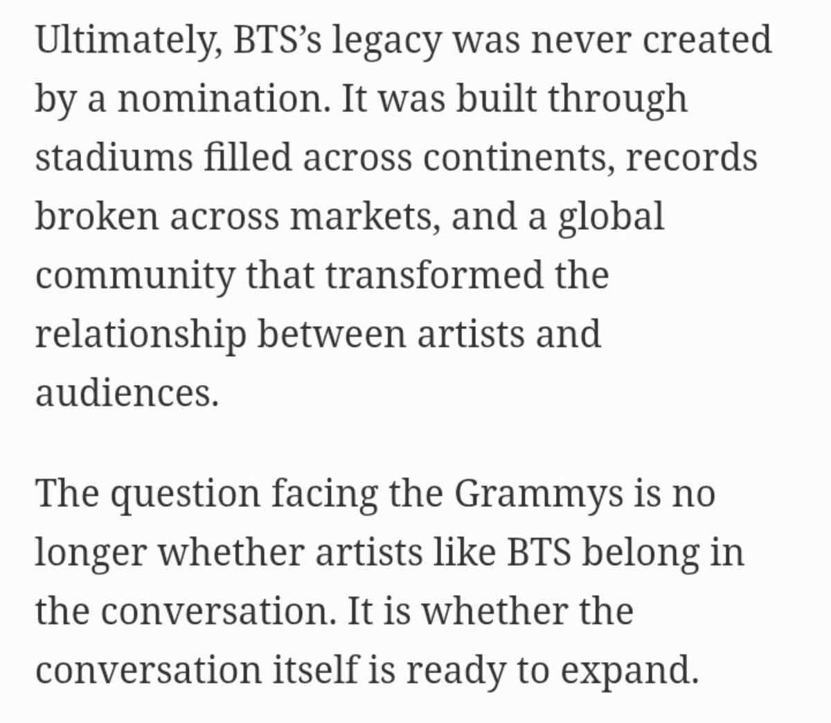 Pk_bts_land's tweet photo. Forbes in their new spicy article:

 “Ultimately, BTS’s legacy was never created by a nomination. It was built through stadiums filled across continents, records broken across markets, and a global community that transformed the relationship between artists and audiences.” https://t.co/OGWbuJOxw8