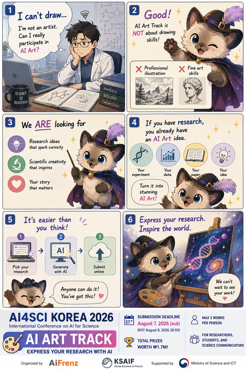 aifrenzx's tweet photo. You don't need to be an artist to join the #AIArt Track. 

If you have research, you already have an AI Art idea. Express your science with AI! 
🏆 KRW 1.7M in prizes 
⏰ Aug. 7, 2026 (AoE) 
🔗 https://t.co/ORW9JhSan9 #AI4SCIKOREA2026 https://t.co/AQN5YUJlvg