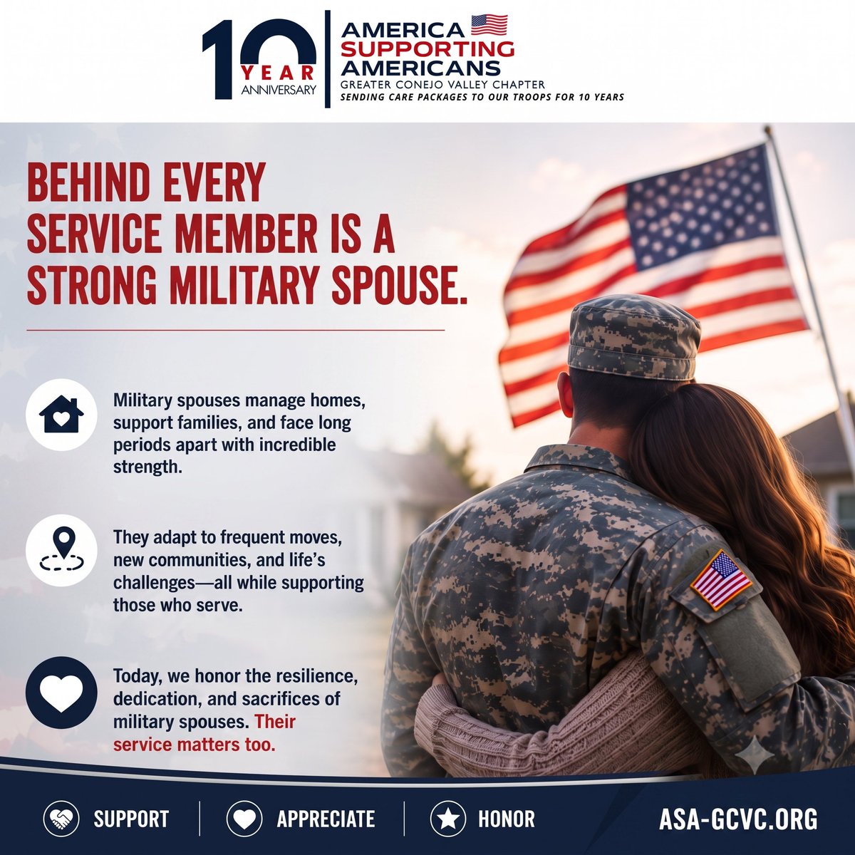GcvcAsa2153's tweet photo. Behind every service member is a strong military spouse. 

Today, we honor the resilience, sacrifices, and unwavering support of military spouses. Your service matters too.

#MilitarySpouse #SupportOurTroops #HonorTheirService https://t.co/1XMnzIIc8h