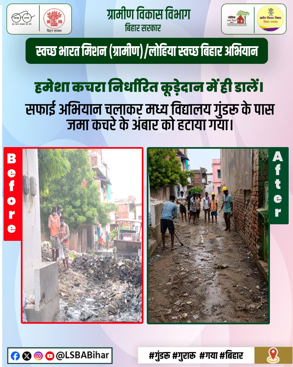 LSBA_Bihar's tweet photo. हमेशा कचरा निर्धारित कूड़ेदान में ही डालें। इसी संदेश के साथ ग्राम पंचायत गुंडरू में सफाई अभियान चलाकर मध्य विद्यालय गुंडरू के पास जमा कचरे के अंबार को हटाया गया।
#गुंडरू #गुरारू #गया #बिहार
@IPRDBihar @BiharRDD @swachhbharat @ddnewsBihar https://t.co/Rr0pIlLPQb