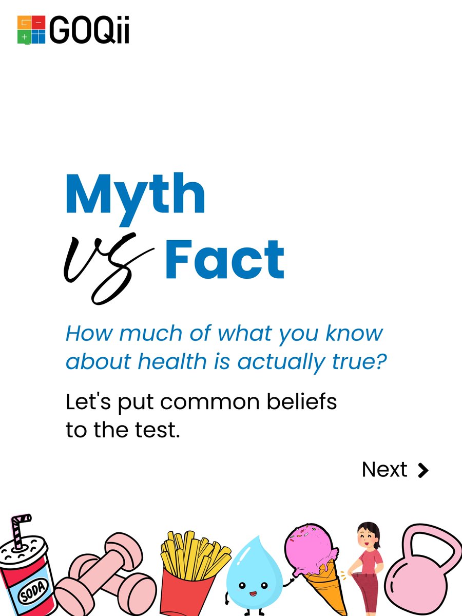 GOQii's tweet photo. Part 1: Myth vs Fact
The biggest barrier to better health isn't always motivation, it's misinformation.

From fitness and nutrition to sleep, recovery, and preventive healthcare, myths can shape everyday decisions without us even realizing it.
Swipe to separate fact from fiction. https://t.co/aAtUBGa05n