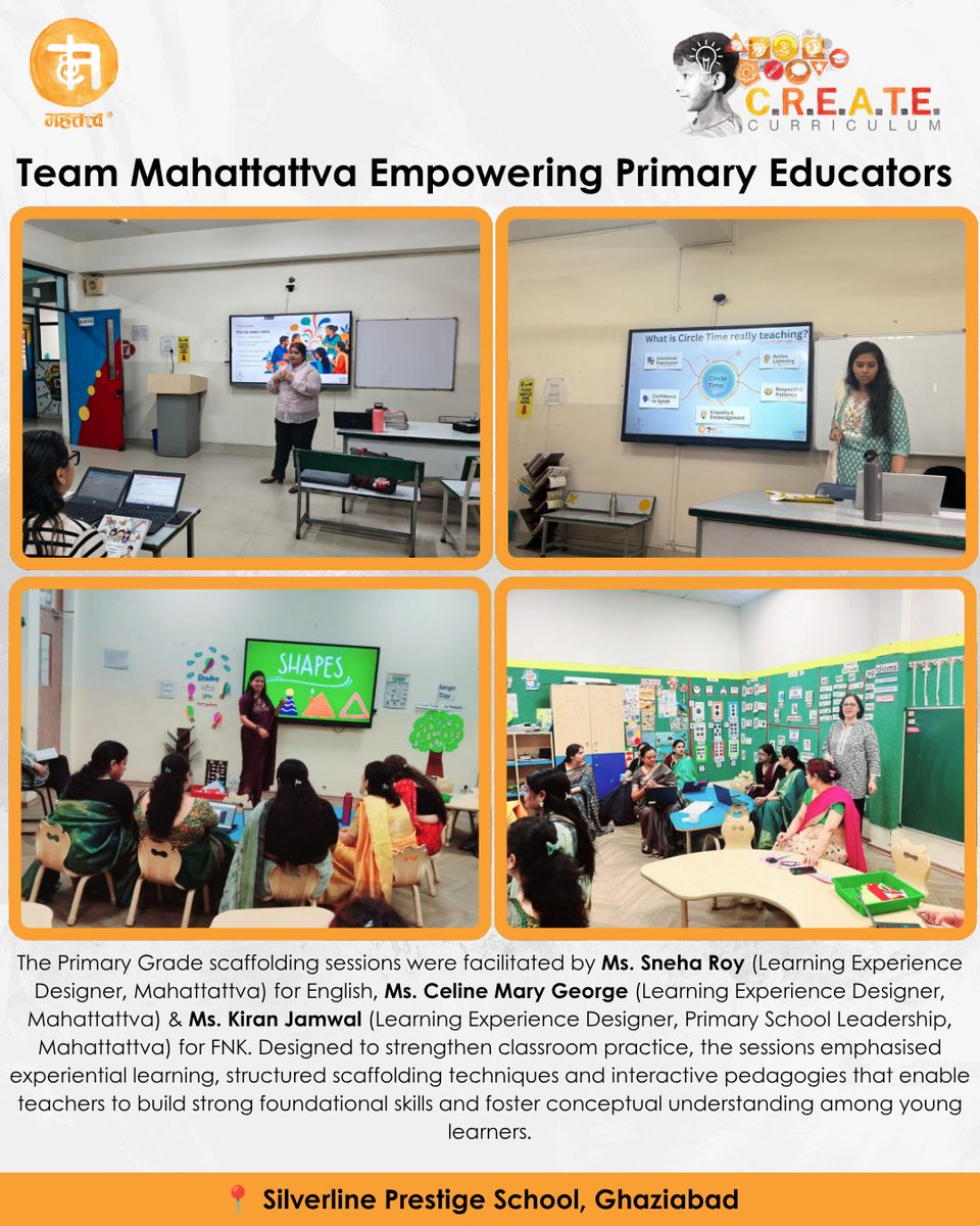 mahattattva's tweet photo. Empowering educators through meaningful #ProfessionalDevelopment! 🌟 Team #Mahattattva conducted engaging sessions at Silverline Prestige School, Ghaziabad, focusing on scaffolding, experiential learning, classroom expectations, and strategies for engaging classrooms. 📚✨ https://t.co/fhMHKUnaKP