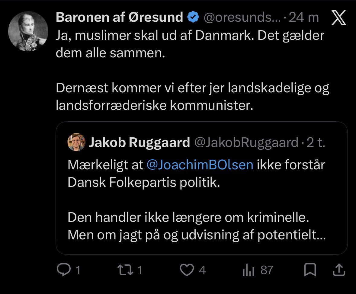 JakobRuggaard's tweet photo. Uden for enhver saglighed og etik, at @btdk helt ukritisk holder mikrofon for en anonym, højreekstrem profil som @oresundsbaron, som ønsker at deportere alle danske muslimer og direkte truer politiske modstandere, herunder mig, med politisk forfølgelse og det som er værre #dkpol https://t.co/ebeN8uo2jZ