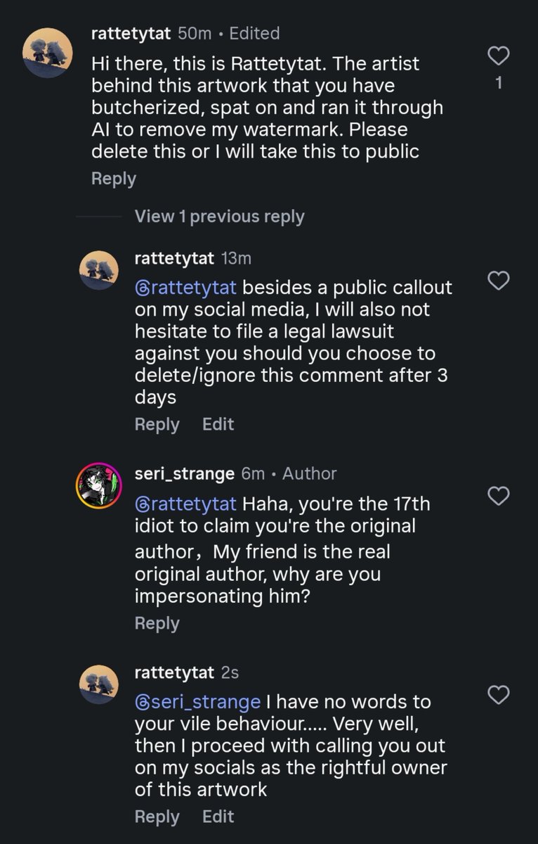 Rattetytat's tweet photo. Sorry I usually try to settle this privately but their behaviour has left me extremely upset and angry

If you are able to, could I ask for your help to report them? They have also stolen artworks from other artists, ran it through AI and put their own watermark on them 🥲 https://t.co/2mCYuJc3L4