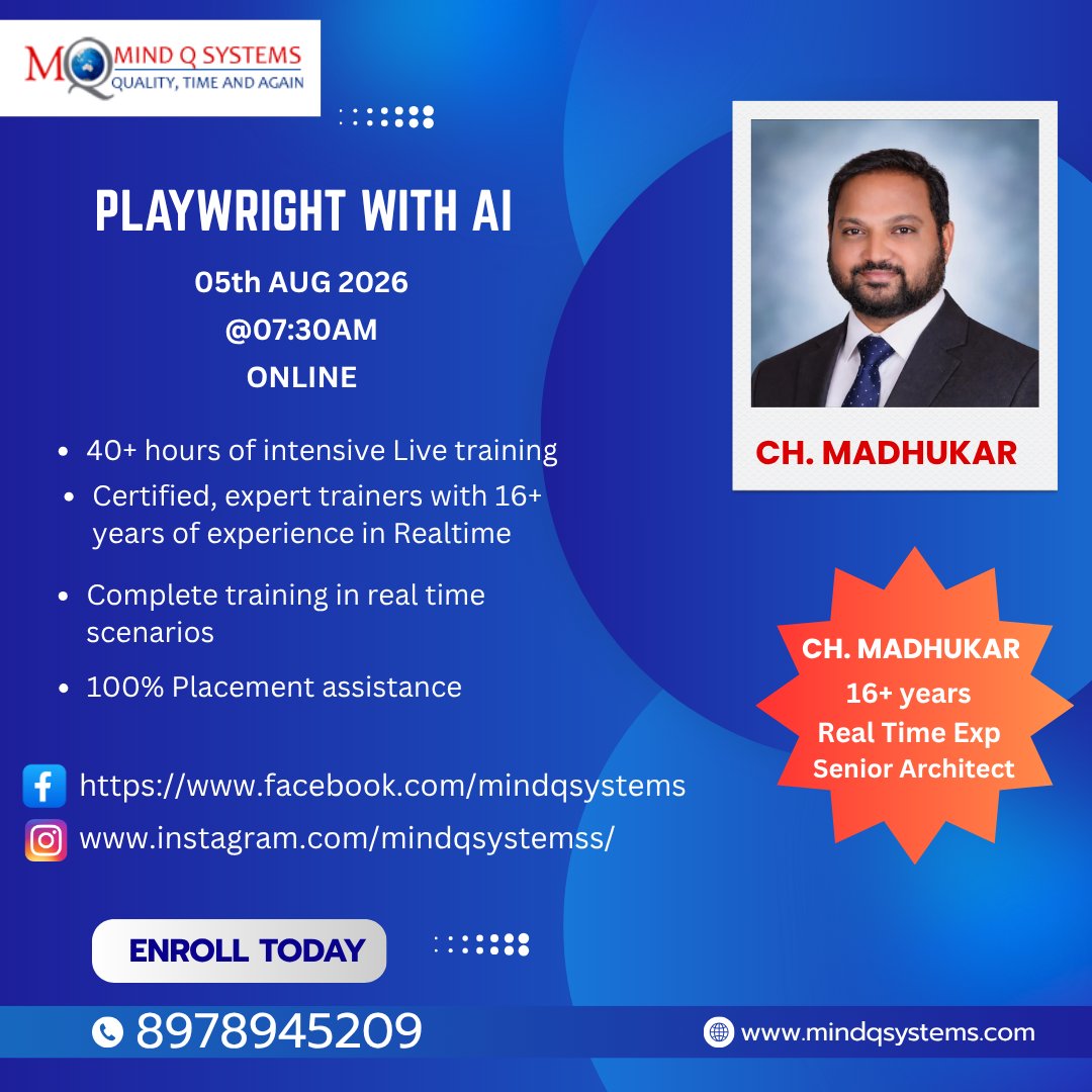 MindQSystems's tweet photo. Playwright with AI Batch Starts on 13th JULY 2026 @ 08:00PM.
more details: https://t.co/Ja7nGjUiWf
https://t.co/LGMtXO8cMw
More Details:
Contact Team on- +91-8978945209
https://t.co/LGMtXO8cMw
#selenium #newbatch #testingtools #manualtesting #softwaretesting #frameworks #java https://t.co/5h44svIPe5