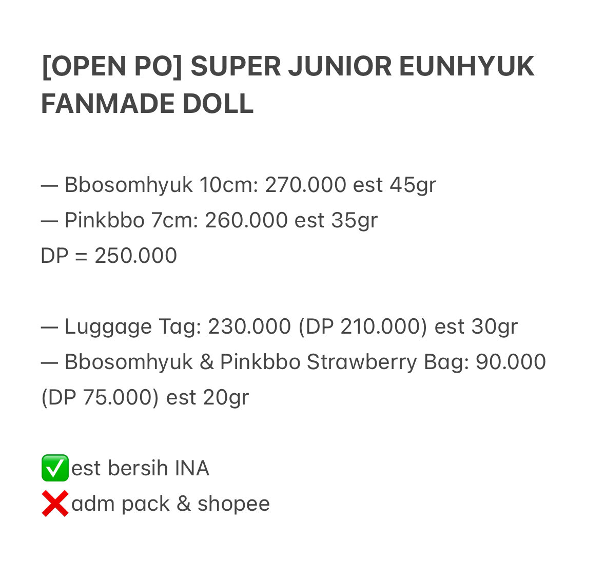 baebyguurl's tweet photo. [OPEN PO] SUPER JUNIOR EUNHYUK FANMADE DOLL — BBOSOMHYUK &amp; PINKBBO

✅harga tertera est bersih INA (fix price mengikuti berat item di WH INA)
❌pack &amp; 🍊

DM for order / chat https://t.co/OeKdFpMwWj

t. preorder doll hyukjae dne d&amp;e suju ina go https://t.co/oU86kprWil