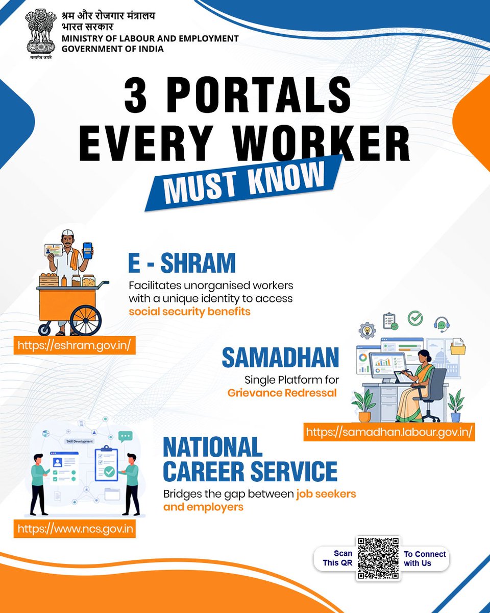LabourMinistry's tweet photo. Access. Protection. Opportunity.👷‍♂️📷

e-Shram, Samadhan and the National Career Service together form a digitally connected ecosystem - ensuring social security, transparent grievance redressal and skill-based job matching for workers across sectors.

#MoLE #LabourWelfare https://t.co/oIOYsBSjQv