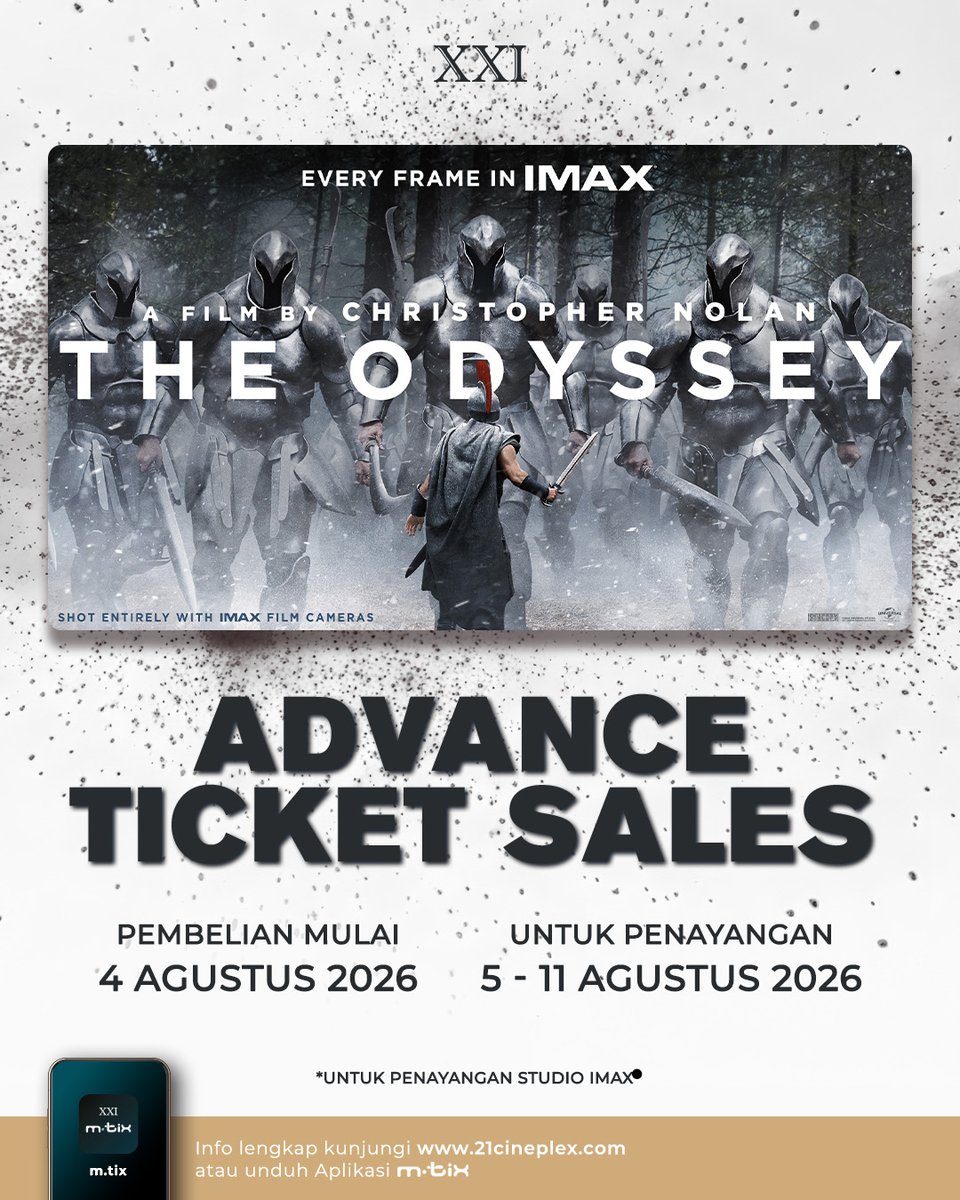 HabisNontonFilm's tweet photo. IMAX buat THE ODYSSEY masih penuh terus. Jadi Advance Ticket Sales dibuka lagi untuk kelima kalinya!

Buat penayangan 5-11 Agustus ya. https://t.co/QQJnRZPhmy
