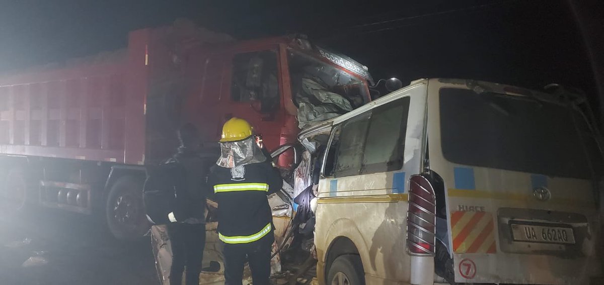 PoliceUg's tweet photo. FATAL ACCIDENT IN LWERA SWAMP, KALUNGU DISTRICT

@KasiryeTwa256 || In the night of 03 August, 2026 at around 2300hrs , we registered a fatal road crash in Lwera Swamp, Kamunga Trading Centre, along the Kampala–Masaka Highway.

The accident involved a Toyota Hiace taxi (UA 662AQ) and a Sino truck (UBS 040F) transporting sand. 

Fourteen (14) people died on the spot, all from the taxi. Four injured victims, two from each vehicle, are admitted at Masaka Regional Referral Hospital. 

Police visited the scene and investigations are underway. Efforts to trace the fleeing driver are ongoing.