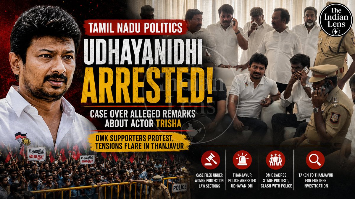 Indianlens26's tweet photo. 🔥 From Controversy to Custody!
#UdhayanidhiStalin was arrested by #Thanjavur Police after a case was filed over his alleged remarks about actor #Trisha. #DMK cadres staged protests. #TamilNadu https://t.co/Z8mHyO5P7r