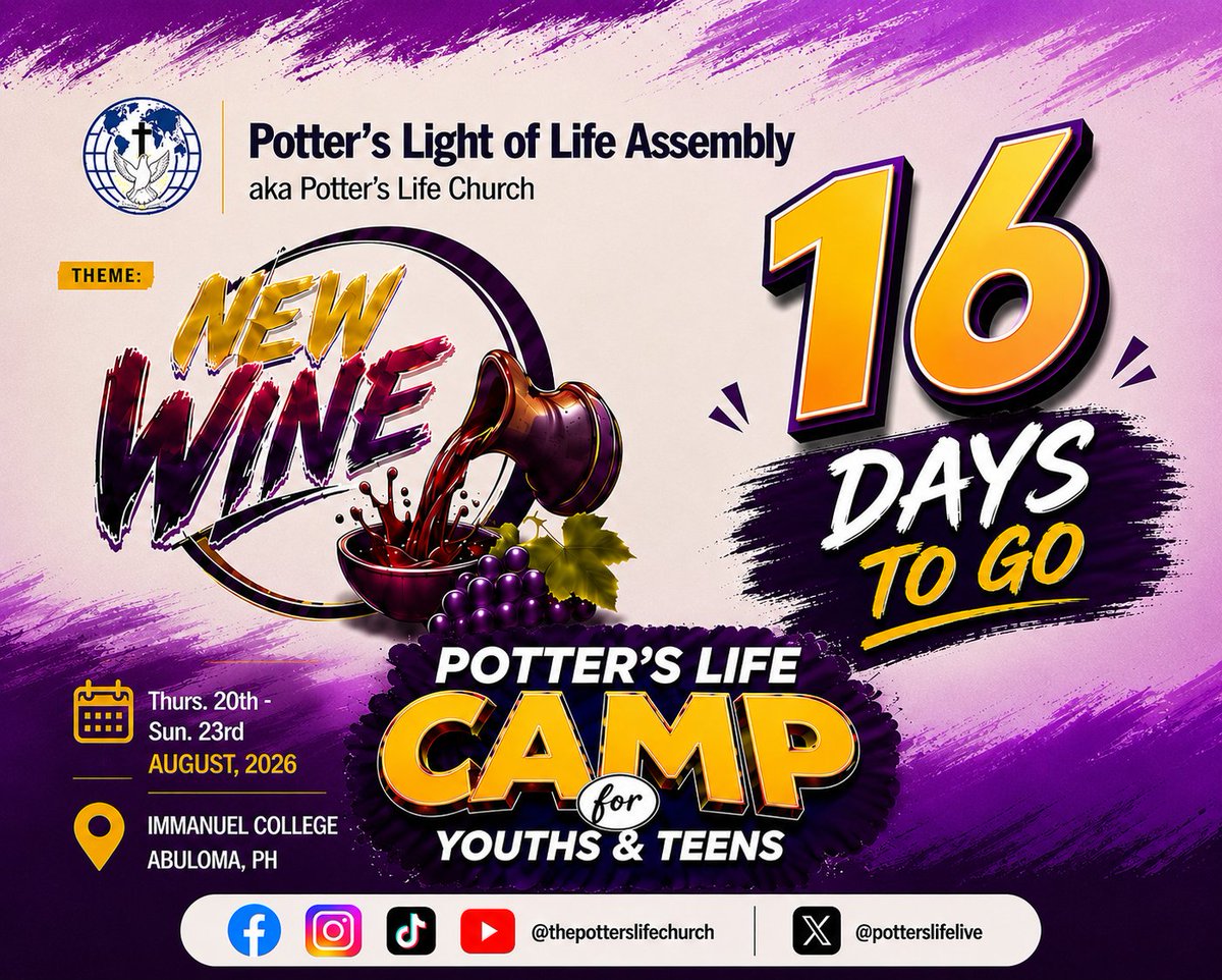 potterslifelive's tweet photo. Your next testimony could begin in 16 days. Are you ready?

Please follow the Church Official Social Media handles and stay updated:

Facebook: https://t.co/0sK5rrocEz
YouTube: https://t.co/15Ar5G1LTn
Instagram: https://t.co/lgQAa853OK
#02Ago #DINO_吉BOARD_CountdownLive https://t.co/gx4KmBVhNC