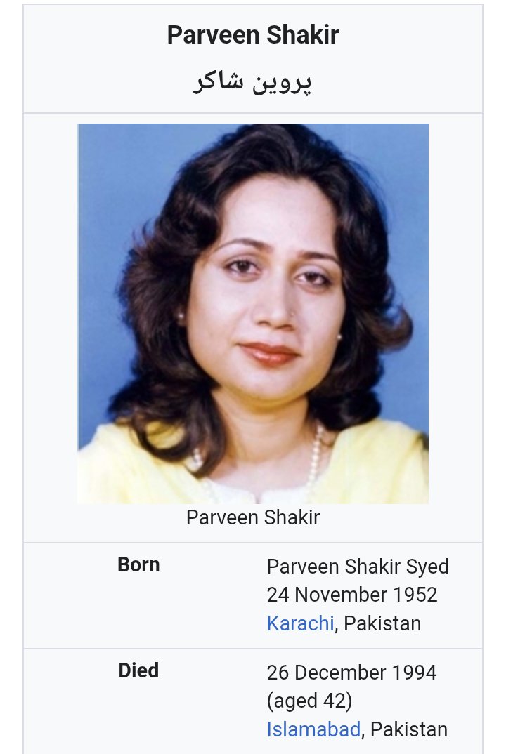 TigerJungleKing's tweet photo. @CallMeSheri1_ The Parveen Shakir you are referring to is certainly someone else, because the famous poetess Parveen Shakir was born in Karachi and passed away in a road accident in Islamabad.
Please refer to the image below for reference.👇👇👇
#Karachi
#Pakistan https://t.co/V9qm0gkuaY