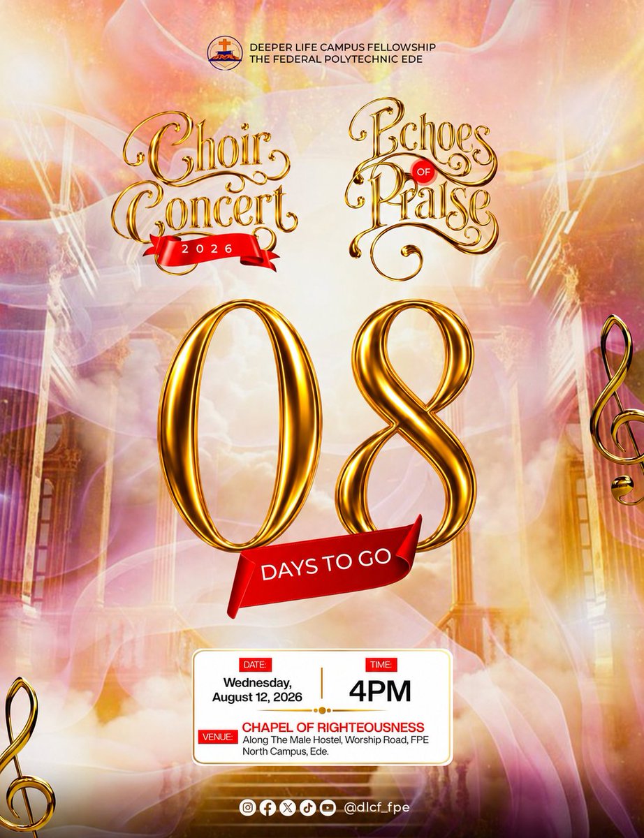 dlcf_fpe's tweet photo. The countdown is on! Join us for an unforgettable evening of heartfelt worship, powerful choruses, and the sound of praise that lifts every soul.
Come expectant. Come with friends. Come ready to worship.
#EchoesOfPraise2026 #ChoirConcert2026 #DLCF #DLFCFPE #FederalPolyEde #gospe https://t.co/WCIS7x7wJf