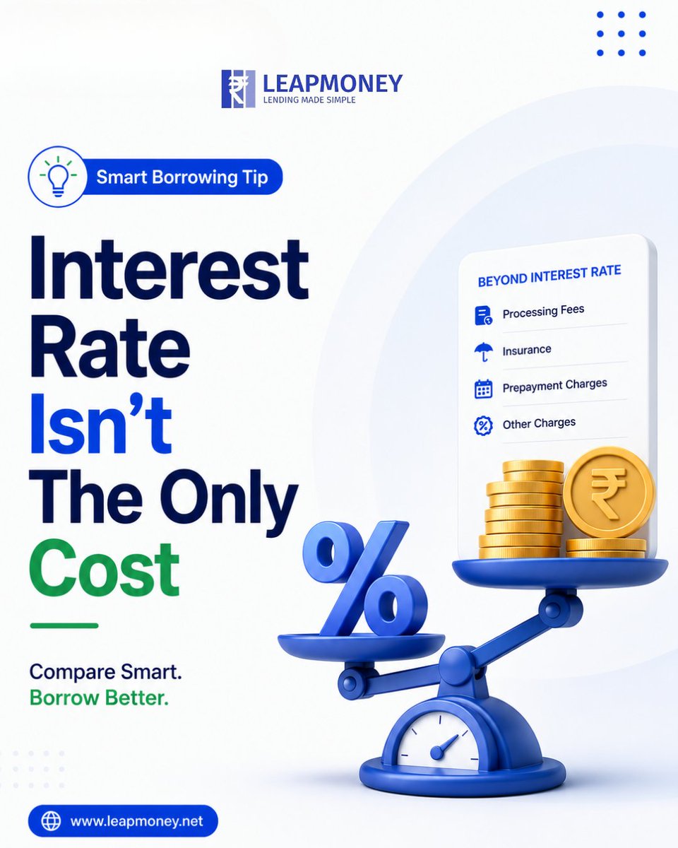 LeapMoney_'s tweet photo. A low interest rate doesn't always mean a cheaper loan.

Before you apply, compare:
✔️Processing Fees
✔️Insurance
✔️Prepayment Charges
✔️Hidden Costs
Compare Smart. Borrow Better.
#LoanTips #PersonalFinance #LeapMoney https://t.co/EvuLdIdzkg