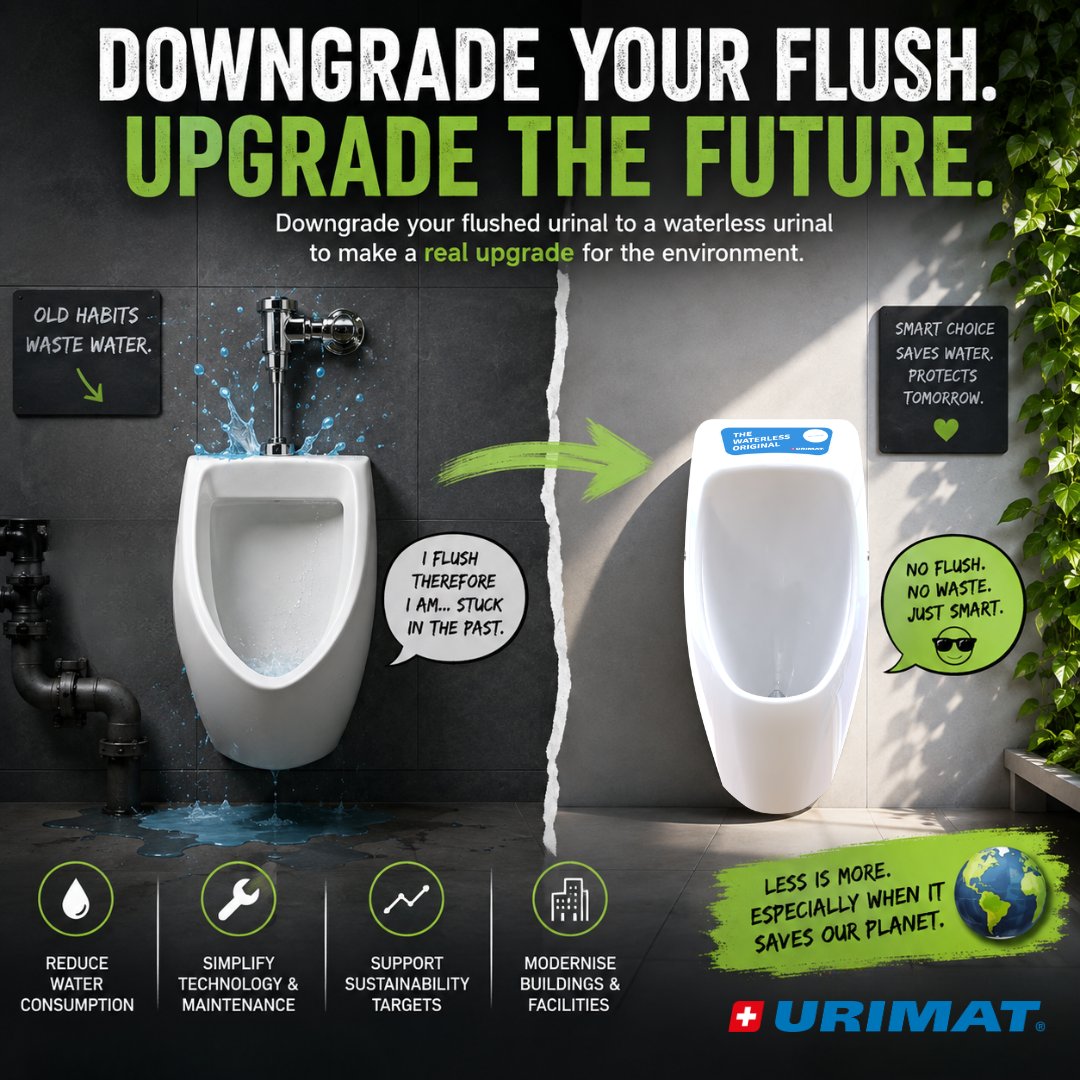 URIMAT1998's tweet photo. What if the smartest building upgrade means removing something? 💧

Switching from flushed to waterless urinals can save drinking water, simplify washroom technology and support sustainability goals.

Downgrade the flush. Upgrade the building. 🌍 https://t.co/tx2dgNXIZl