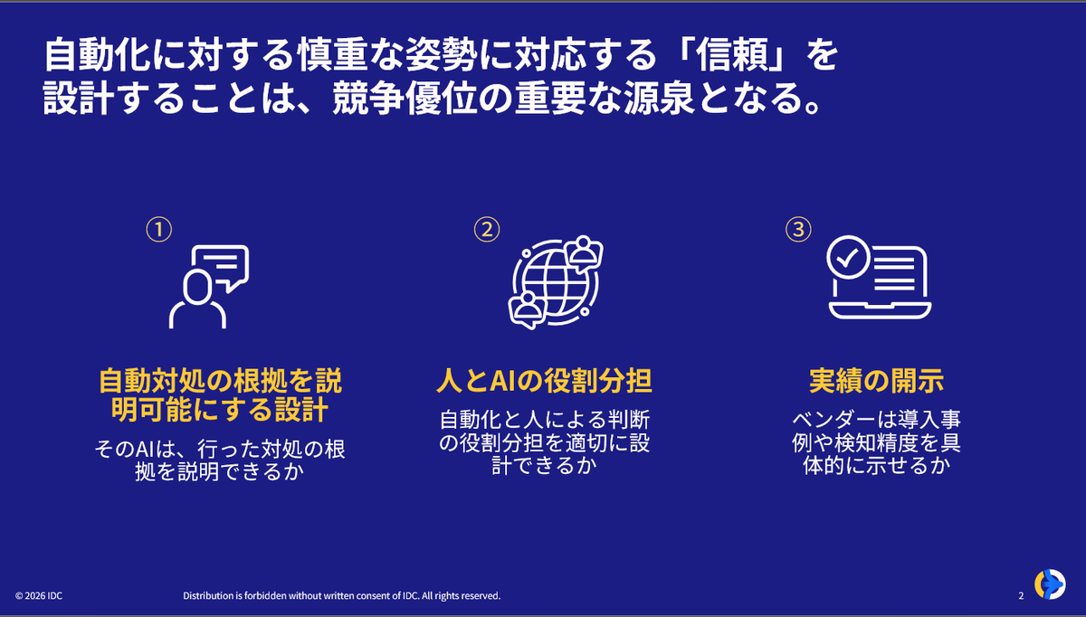 IDCJapan's tweet photo. 🔐 AI自動化だけでは足りない時代へ。

IDC Directions Tokyo 2026が提言する「信頼の設計」——それが次の競争優位の源泉です。

✅ 根拠の説明可能性
✅ 人とAIの役割分担
✅ 実績の開示

発表資料（無料）はこちら👇
https://t.co/ndDuIzff2x

#サイバーセキュリティ #AIセキュリティ #IDC https://t.co/kLn9gZ4YN3